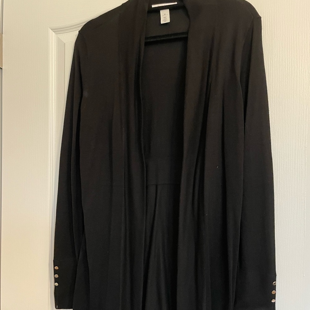 WHBM black cardigan with gold buttons on the sleeve. Size medium.